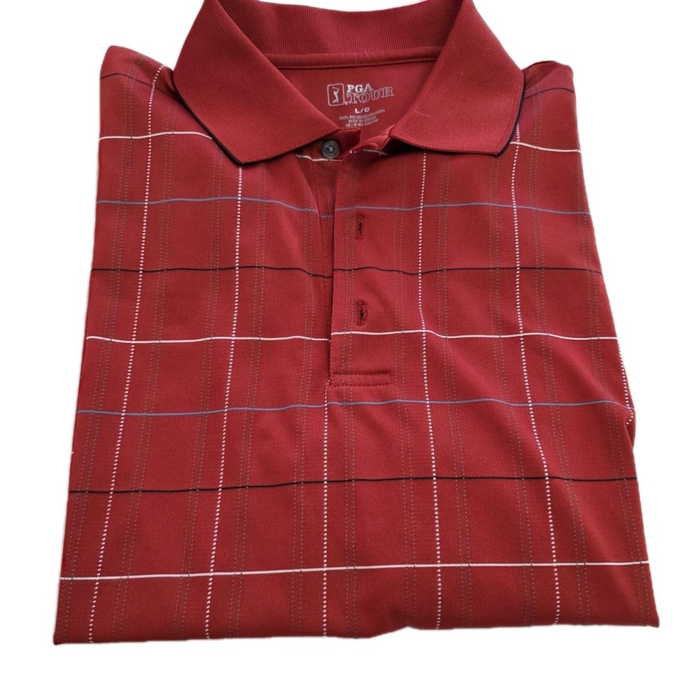 PGA Golf Tour Performance Polo Golf  Shirt Red Plaid Mens Size Large